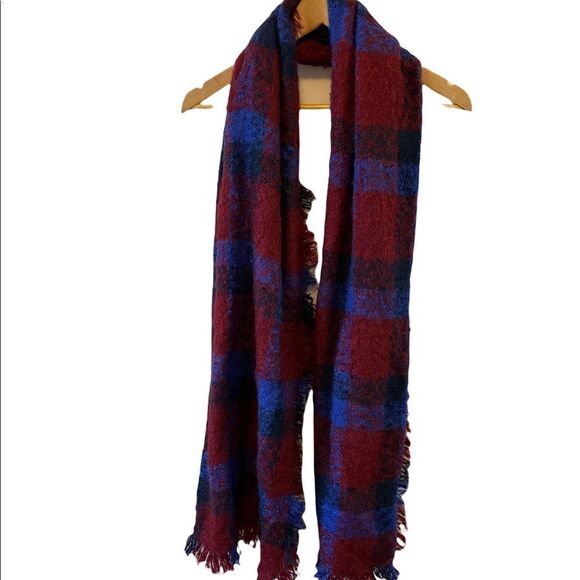 Red & Blue Plaid Frayed Large Blanket Scarf - Picture 2 of 5